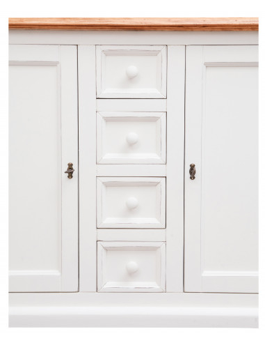 Credenza Country in legno massello di tiglio struttura bianca anticata piano finitura naturale 135x45x92 cm Credenza Country in legno massello di tiglio struttura bianca anticata piano finitura naturale 135x45x92 cm