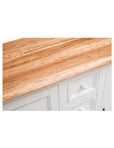 Credenza Country in legno massello di tiglio struttura bianca anticata piano finitura naturale 135x45x92 cm Credenza Country in legno massello di tiglio struttura bianca anticata piano finitura naturale 135x45x92 cm