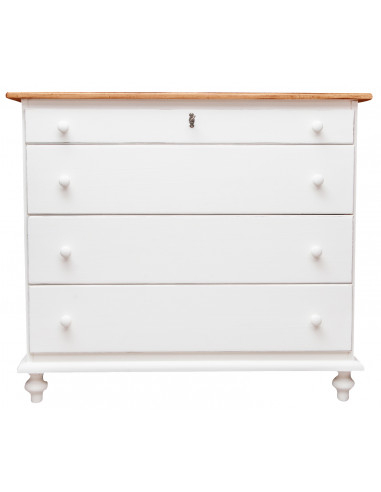 Comò  in legno massello di tiglio struttura bianca anticata piano finitura naturale: foto vista frontale - Biscottini.it Comò  in legno massello di tiglio struttura bianca anticata piano finitura naturale: foto vista frontale - Biscottini.it