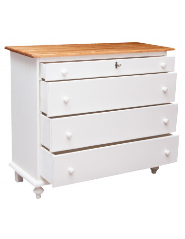 Comò  in legno massello di tiglio struttura bianca anticata piano finitura naturale: foto con cassetti aperti- Biscottini.it Comò  in legno massello di tiglio struttura bianca anticata piano finitura naturale: foto con cassetti aperti- Biscottini.it