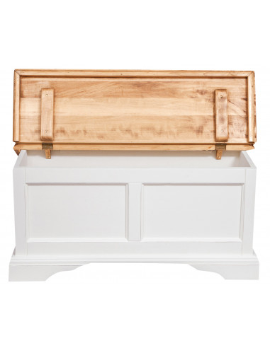 Cassapanca in legno massello di tiglio struttura bianca anticata piano finitura naturale: foto con seduta aperta - Biscottini.it Cassapanca in legno massello di tiglio struttura bianca anticata piano finitura naturale: foto con seduta aperta - Biscottini.it