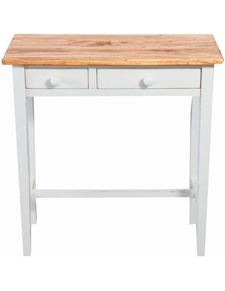 Mesa consola country em madeira maciça de limão, estrutura branca antiga, acabamento natural 73x36x75 cm