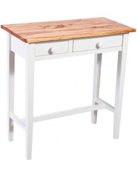 Mesa consola country em madeira maciça de limão, estrutura branca antiga, acabamento natural 73x36x75 cm