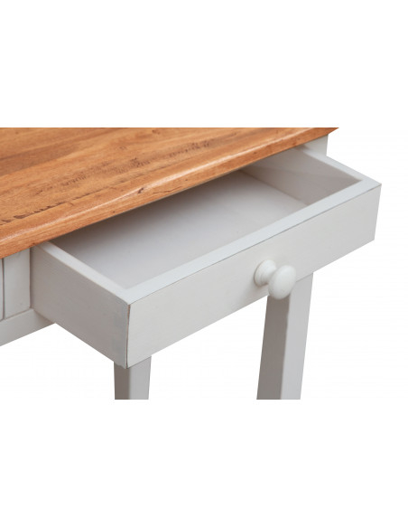 Mesa consola country em madeira maciça de limão, estrutura branca antiga, acabamento natural 73x36x75 cm