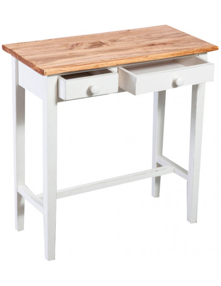 Mesa consola country em madeira maciça de limão, estrutura branca antiga, acabamento natural 73x36x75 cm