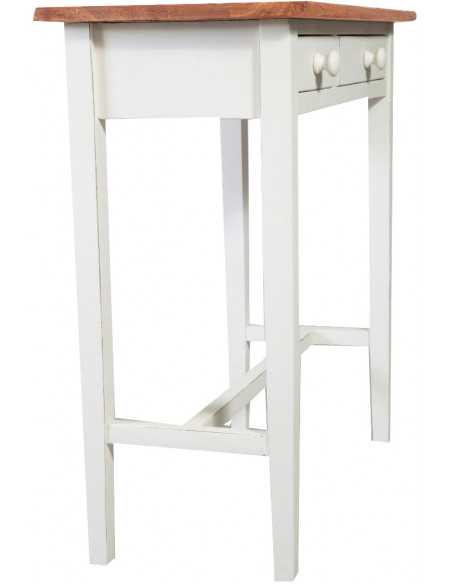 Mesa consola country em madeira maciça de limão, estrutura branca antiga, acabamento natural 73x36x75 cm
