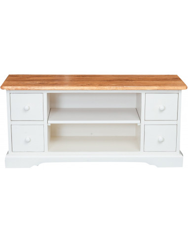 Móvel de TV country em madeira maciça de limão com estrutura branca antiga e tampo natural 129x40x60 cm Móvel de TV country em madeira maciça de limão com estrutura branca antiga e tampo natural 129x40x60 cm