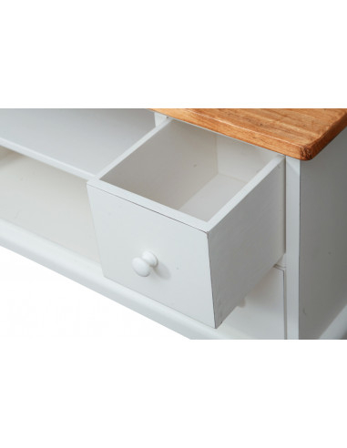Mobile porta Tv Country in legno massello di tiglio struttura bianca anticata piano naturale 129x40x60 cm Mobile porta Tv Country in legno massello di tiglio struttura bianca anticata piano naturale 129x40x60 cm