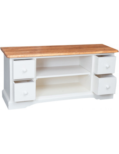 Móvel de TV country em madeira maciça de limão com estrutura branca antiga e tampo natural 129x40x60 cm Móvel de TV country em madeira maciça de limão com estrutura branca antiga e tampo natural 129x40x60 cm