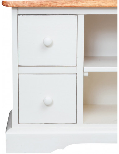 Mobile porta Tv Country in legno massello di tiglio struttura bianca anticata piano naturale 129x40x60 cm Mobile porta Tv Country in legno massello di tiglio struttura bianca anticata piano naturale 129x40x60 cm