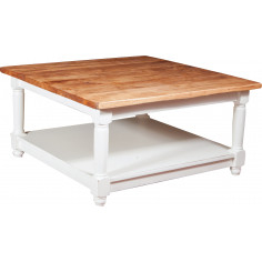 Mesa de centro country em madeira maciça de limão, acabamento em nogueira, 90x90x45 cm
