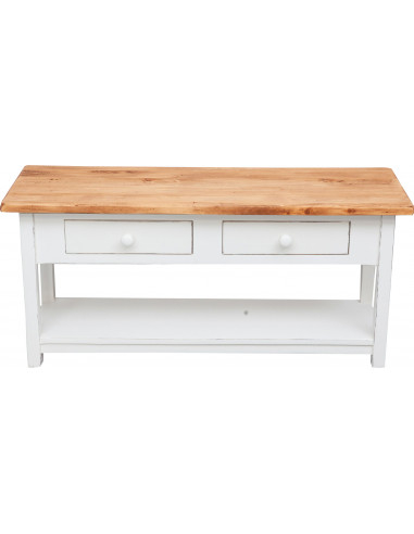 Mobile porta tv Country in legno massello di tiglio struttura bianca anticata piano naturale 110x40x50 cm