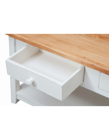 Mobile porta tv Country in legno massello di tiglio struttura bianca anticata piano naturale 110x40x50 cm Mobile porta tv Country in legno massello di tiglio struttura bianca anticata piano naturale 110x40x50 cm