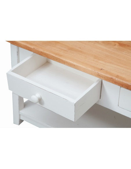 Móvel de TV country em madeira maciça de limão com estrutura branca antiga e tampo natural 110x40x50 cm