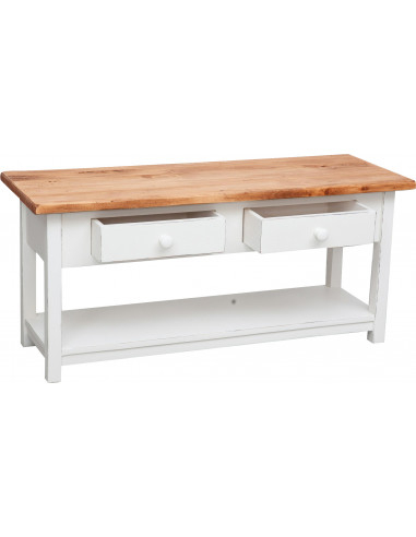 Mobile porta tv Country in legno massello di tiglio struttura bianca anticata piano naturale 110x40x50 cm Mobile porta tv Country in legno massello di tiglio struttura bianca anticata piano naturale 110x40x50 cm