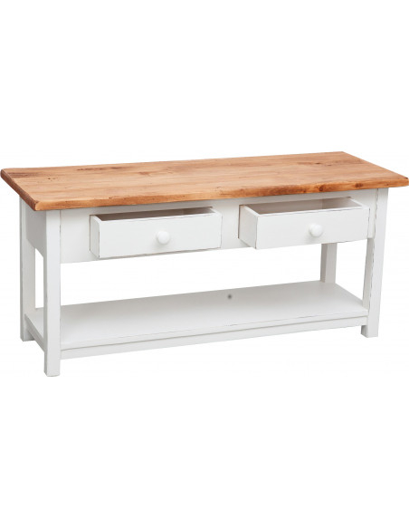 Móvel de TV country em madeira maciça de limão com estrutura branca antiga e tampo natural 110x40x50 cm