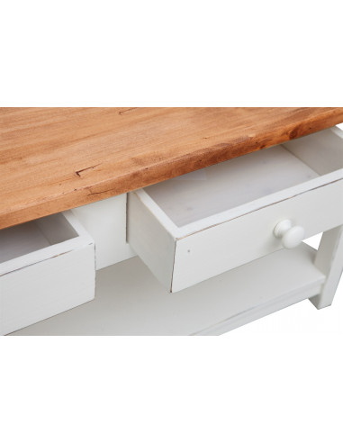 Mobile porta tv Country in legno massello di tiglio struttura bianca anticata piano naturale 110x40x50 cm Mobile porta tv Country in legno massello di tiglio struttura bianca anticata piano naturale 110x40x50 cm