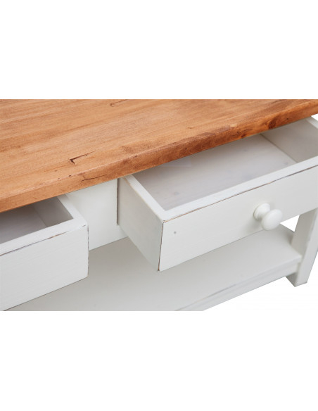 Móvel de TV country em madeira maciça de limão com estrutura branca antiga e tampo natural 110x40x50 cm