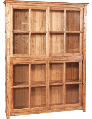 Mostrar estante com portas deslizantes em madeira maciça, acabamento natural 154x37x212 cm