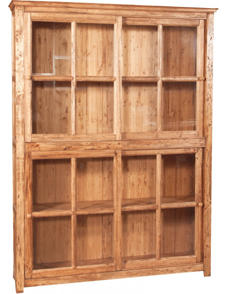Mostrar estante com portas deslizantes em madeira maciça, acabamento natural 154x37x212 cm