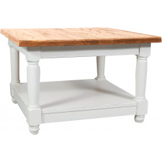 Mesa de centro country em madeira maciça de limão, estrutura branca antiga, tampo com acabamento natural 70x70x45 cm
