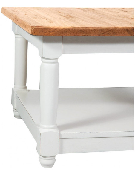 Tavolino da fumo Country in legno massello di tiglio struttura bianca anticata piano finitura naturale 70x70x45 cm