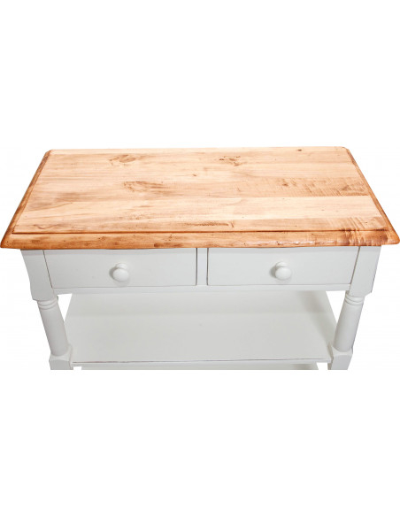 Tavolino Country in legno massello di tiglio struttura bianca anticata piano finitura naturale 80x38x80 cm