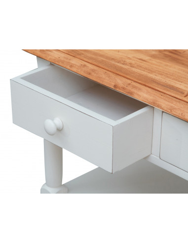 Tavolino Country in legno massello di tiglio struttura bianca anticata piano finitura naturale 80x38x80 cm Tavolino Country in legno massello di tiglio struttura bianca anticata piano finitura naturale 80x38x80 cm