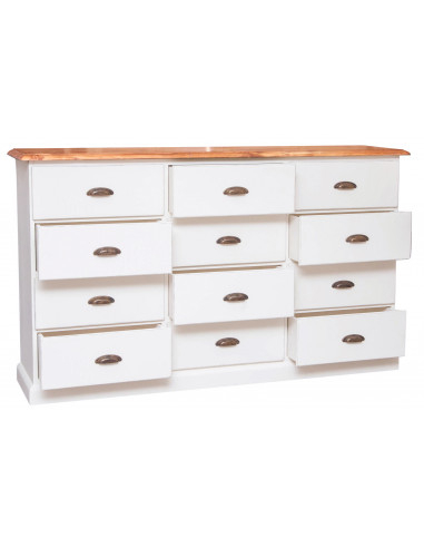 Cômoda country em madeira maciça de limão, estrutura branca antiga, tampo com acabamento natural 170x40x100 cm Cômoda country em madeira maciça de limão, estrutura branca antiga, tampo com acabamento natural 170x40x100 cm