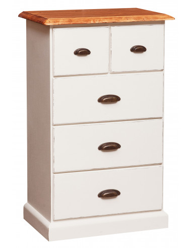 Cômoda country em madeira maciça de limão, estrutura branca antiga, acabamento natural 63x41x100 cm