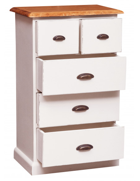 Cômoda country em madeira maciça de limão, estrutura branca antiga, acabamento natural 63x41x100 cm