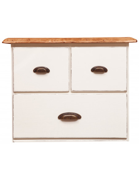 Cômoda country em madeira maciça de limão, estrutura branca antiga, acabamento natural 63x41x100 cm