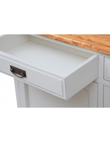 Credenza Country in legno massello di tiglio struttura bianca anticata piano naturale 123x42x92,5 cm Credenza Country in legno massello di tiglio struttura bianca anticata piano naturale 123x42x92,5 cm