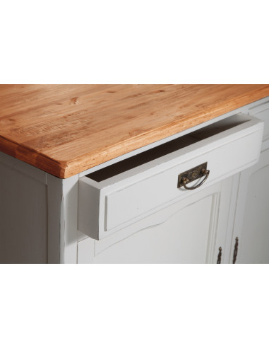 Credenza Country in legno massello di tiglio struttura bianca anticata piano naturale 123x42x92,5 cm Credenza Country in legno massello di tiglio struttura bianca anticata piano naturale 123x42x92,5 cm