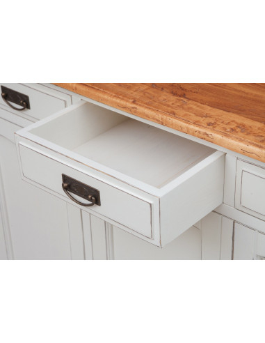 Credenza Country in legno massello di tiglio struttura bianca anticata piano finitura naturale 170x42x92 cm Credenza Country in legno massello di tiglio struttura bianca anticata piano finitura naturale 170x42x92 cm