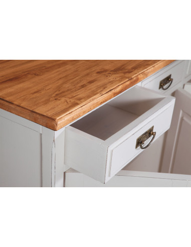 Credenza Country in legno massello di tiglio struttura bianca anticata piano finitura naturale 170x42x92 cm Credenza Country in legno massello di tiglio struttura bianca anticata piano finitura naturale 170x42x92 cm