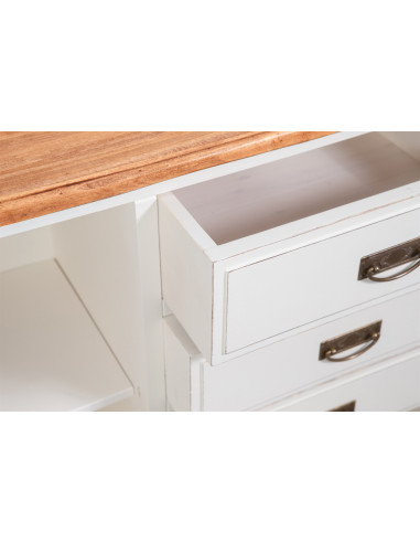 Credenza Country in legno massello di tiglio struttura bianca anticata piano finitura naturale 160x42x90 cm Credenza Country in legno massello di tiglio struttura bianca anticata piano finitura naturale 160x42x90 cm