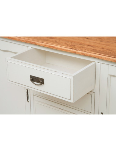 Credenza Country in legno massello di tiglio struttura bianca anticata piano finitura naturale 160x42x90 cm Credenza Country in legno massello di tiglio struttura bianca anticata piano finitura naturale 160x42x90 cm