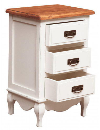Comodino cassettiera Country in legno massello di tiglio struttura bianca piano finitura naturale 46x36x70 cm Comodino cassettiera Country in legno massello di tiglio struttura bianca piano finitura naturale 46x36x70 cm