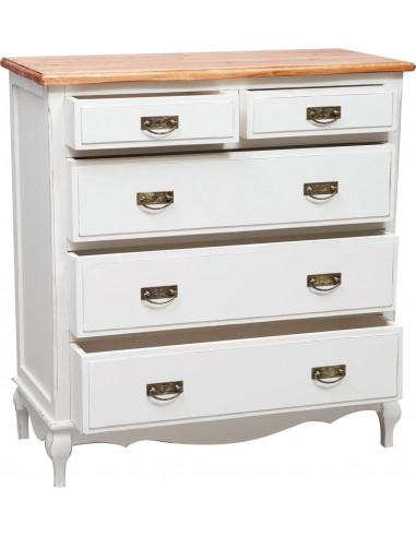 Comò Country in legno massello di tiglio struttura bianca anticata piano finitura noce 100x45x106 cm Comò Country in legno massello di tiglio struttura bianca anticata piano finitura noce 100x45x106 cm