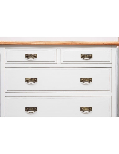 Comò Country in legno massello di tiglio struttura bianca anticata piano finitura noce 100x45x106 cm Comò Country in legno massello di tiglio struttura bianca anticata piano finitura noce 100x45x106 cm