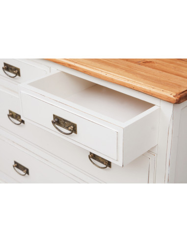 Comò Country in legno massello di tiglio struttura bianca anticata piano finitura noce 100x45x106 cm Comò Country in legno massello di tiglio struttura bianca anticata piano finitura noce 100x45x106 cm
