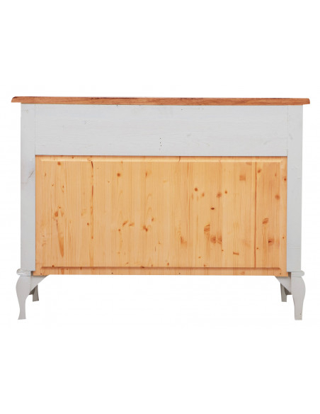 Cômoda country em madeira maciça de limão com estrutura branca antiga e tampo com acabamento em nogueira 107x47x80 cm