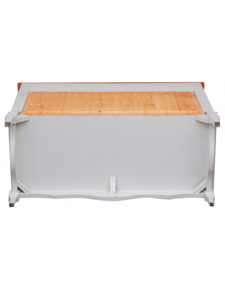 Cômoda country em madeira maciça de limão com estrutura branca antiga e tampo com acabamento em nogueira 107x47x80 cm