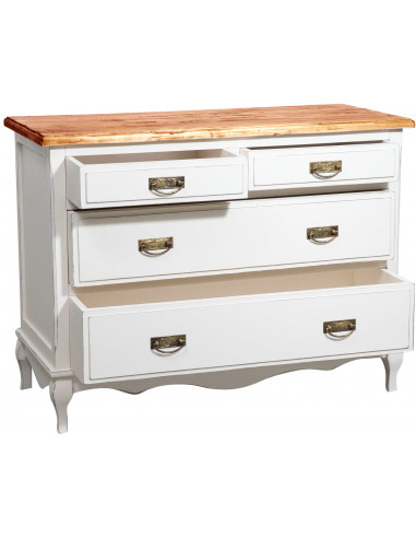 Comò Country in legno massello di tiglio struttura bianca anticata piano finitura noce 107x47x80 cm Comò Country in legno massello di tiglio struttura bianca anticata piano finitura noce 107x47x80 cm