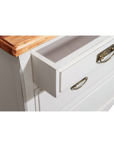 Comò Country in legno massello di tiglio struttura bianca anticata piano finitura noce 107x47x80 cm Comò Country in legno massello di tiglio struttura bianca anticata piano finitura noce 107x47x80 cm
