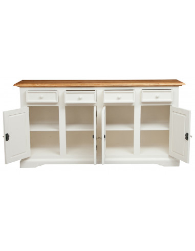 Credenza in legno massello di tiglio struttura bianca anticata piano naturale:foto frontale cassetti e ante aperte-Biscottini.it Credenza in legno massello di tiglio struttura bianca anticata piano naturale:foto frontale cassetti e ante aperte-Biscottini.it