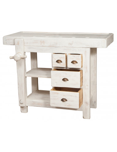 Bancada country em madeira maciça de limão com acabamento branco antigo: foto com gavetas abertas - Biscottini.it Bancada country em madeira maciça de limão com acabamento branco antigo: foto com gavetas abertas - Biscottini.it