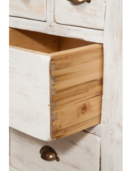 Banco da lavoro Country in legno massello di tiglio finitura bianca anticata: foto particolare cassetto - Biscottini.it