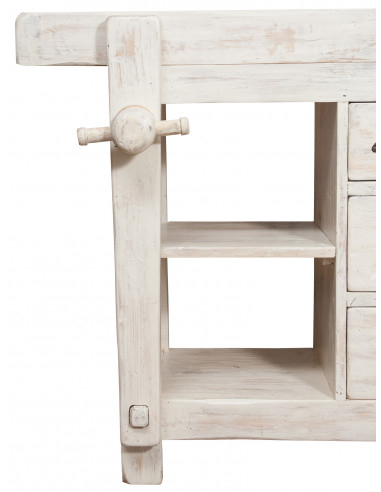 Bancada country em madeira maciça de limão com acabamento branco antigo: foto detalhada de prateleiras e torno - Biscottini.it Bancada country em madeira maciça de limão com acabamento branco antigo: foto detalhada de prateleiras e torno - Biscottini.it